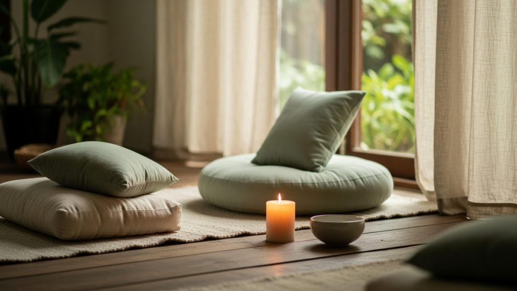 A quiet meditation space with morning light, cushions, and a single candle