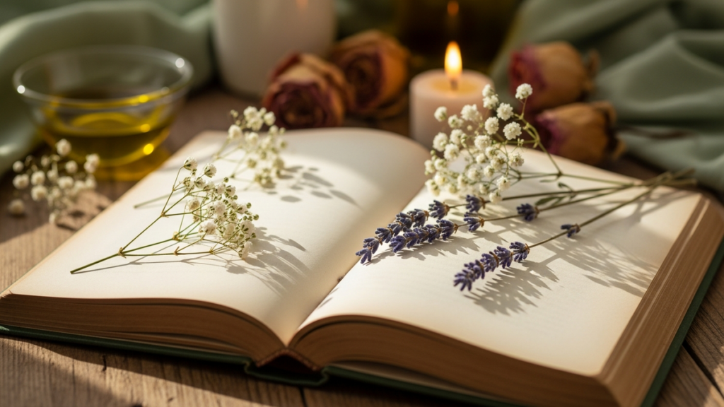 An open vintage poetry book in soft sunlight with pressed wildflowers and dried lavender — a contemplative reading scene
