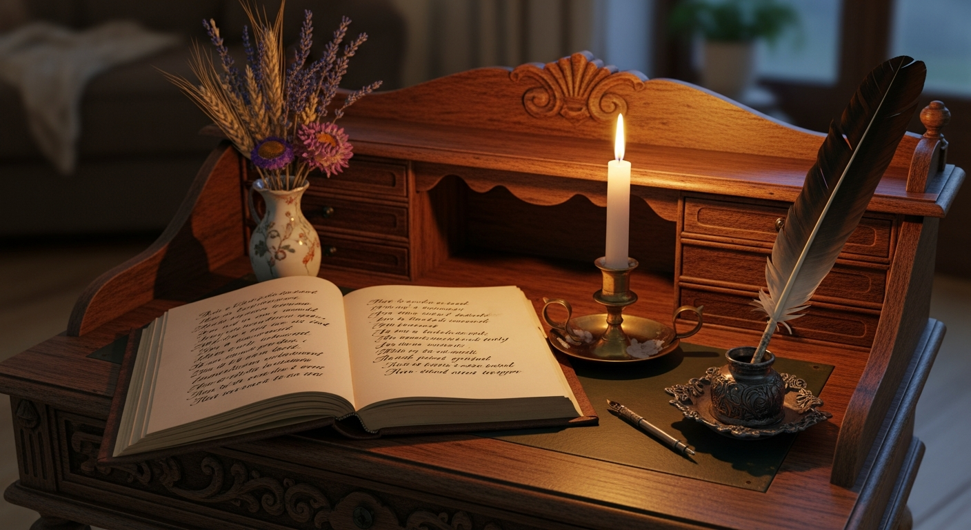 Vintage writing desk with open poetry book