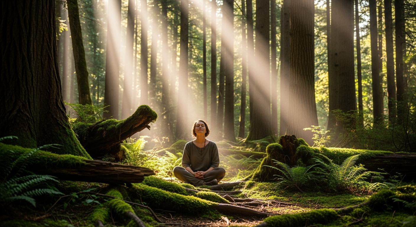 Person meditating in sunlit forest