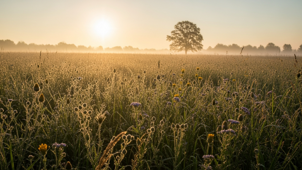 Golden morning light through meadow grasses with dewdrops — a present-moment contemplative scene