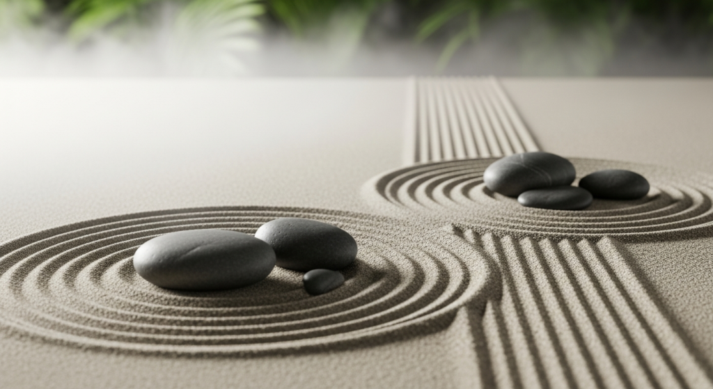 Minimalist zen garden with raked sand