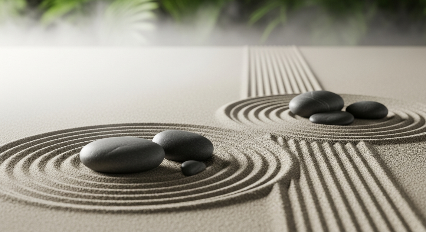 Minimalist zen garden with raked sand