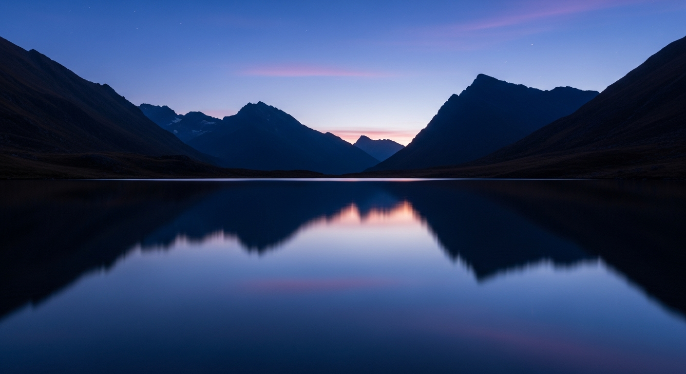 Calm lake reflecting mountains at twilight