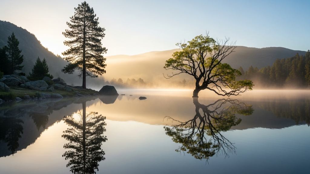 A still mountain lake at dawn with two trees reflected on opposite shores — a contemplative philosophical scene