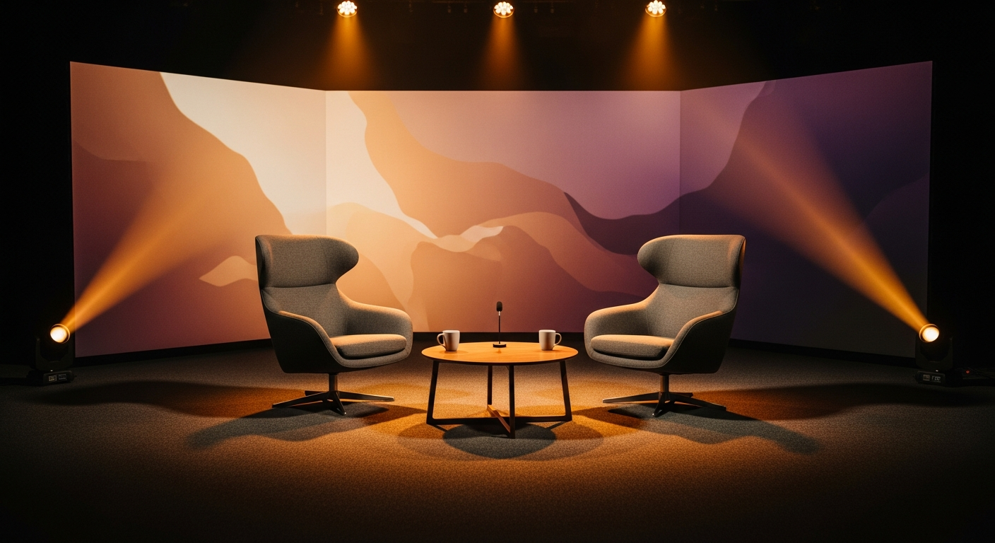 Television studio with two armchairs for intimate conversation