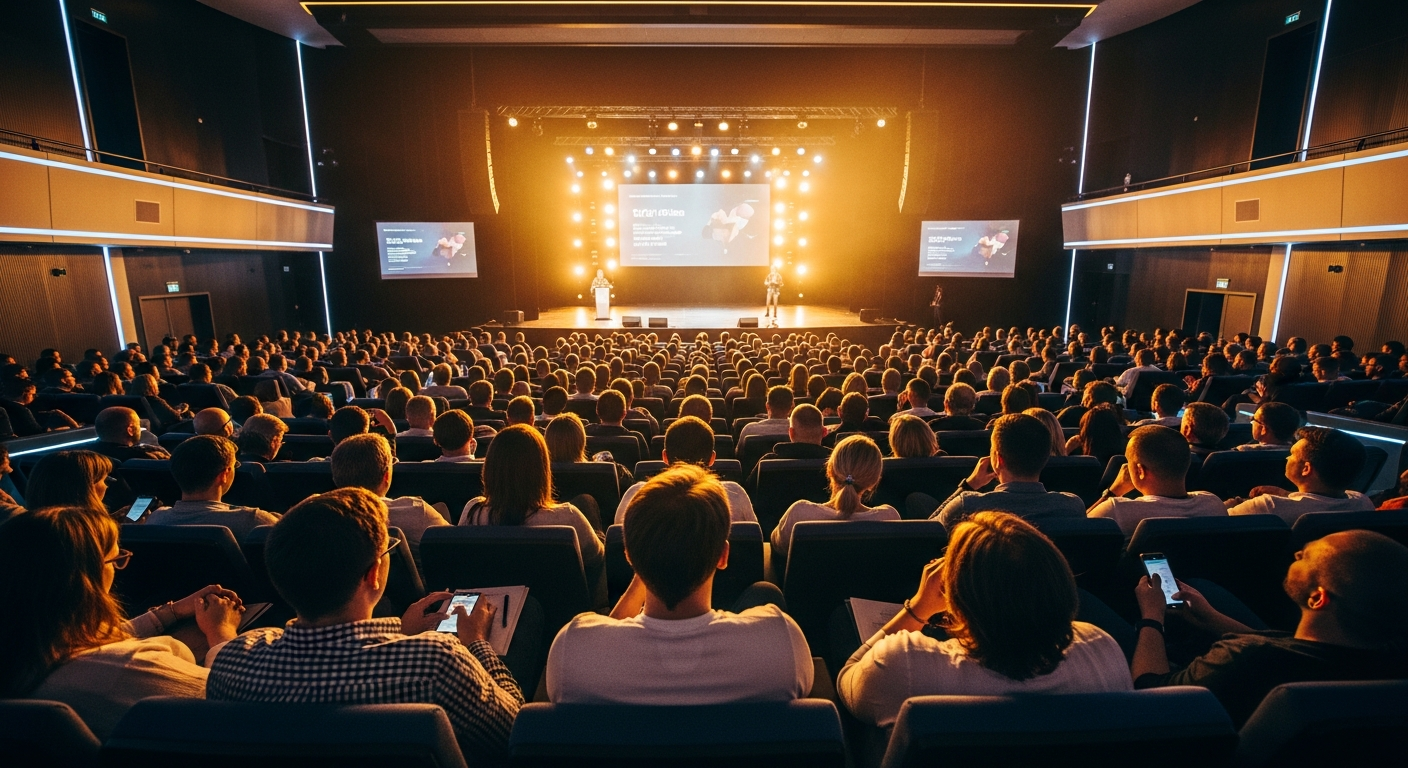 Large audience in auditorium watching a presentation
