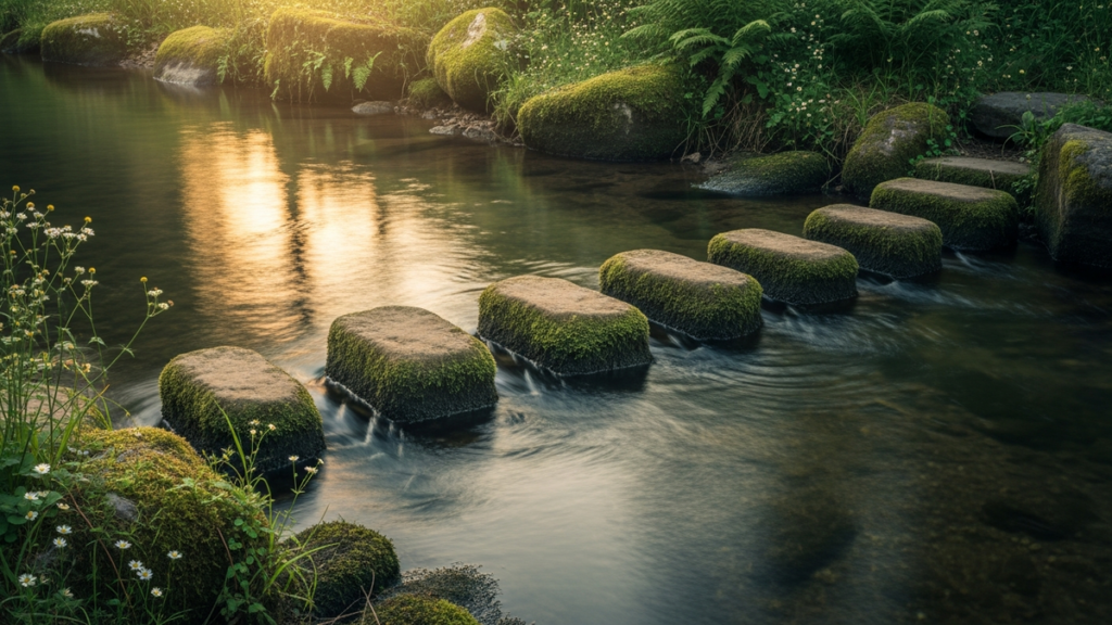 Smooth stepping stones across a clear shallow stream in soft morning light
