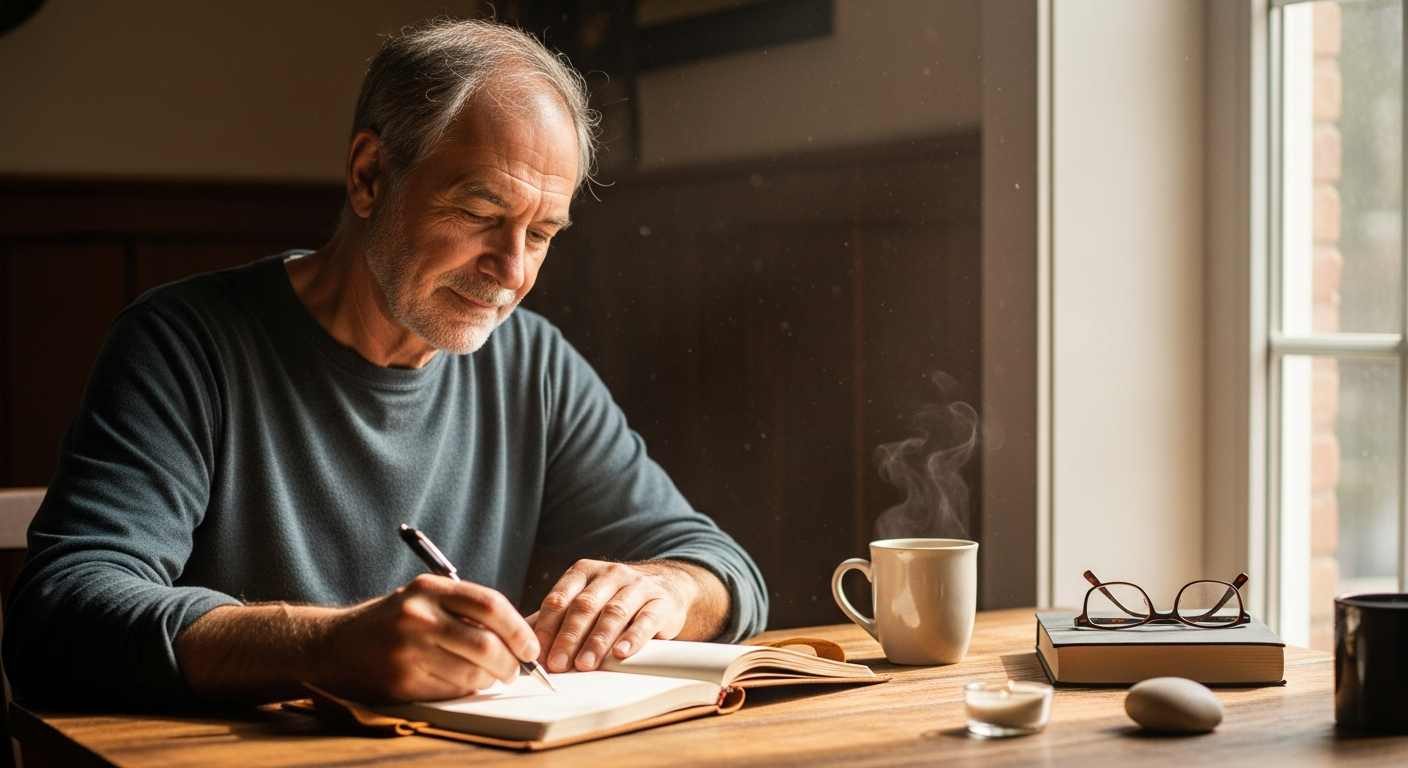 Contemplative author writing in journal near window