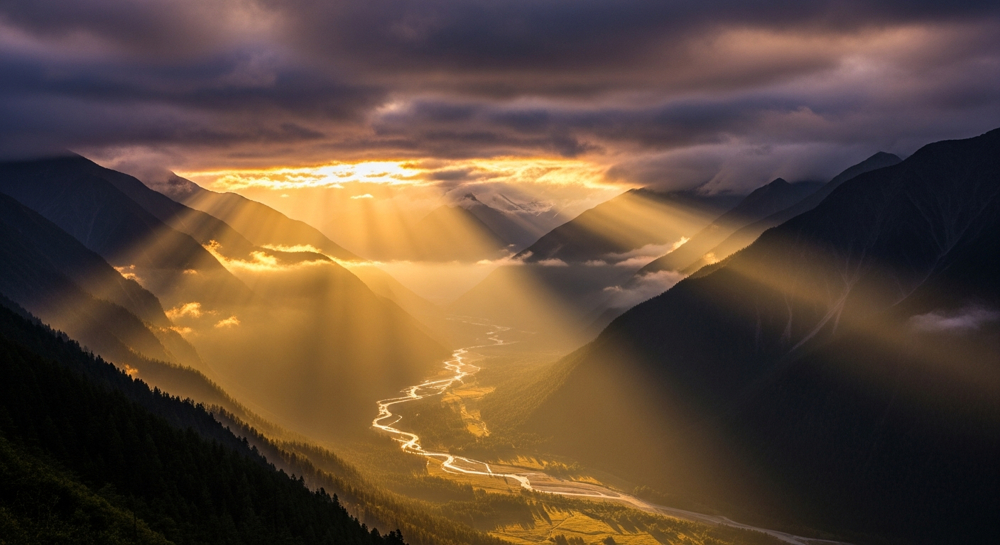 Sunrise breaking through clouds over mountain valley