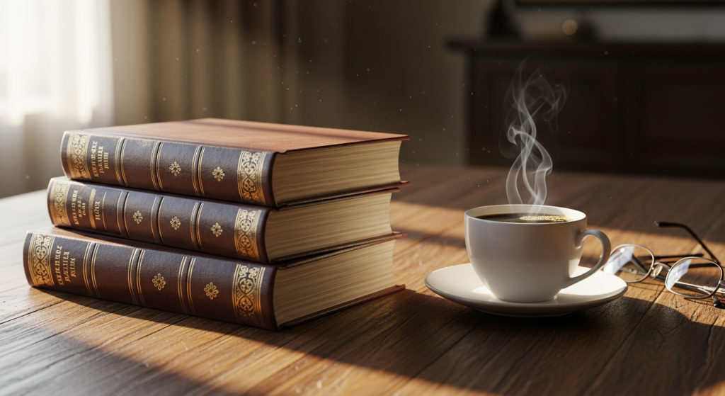 Hardcover books on rustic table with morning light