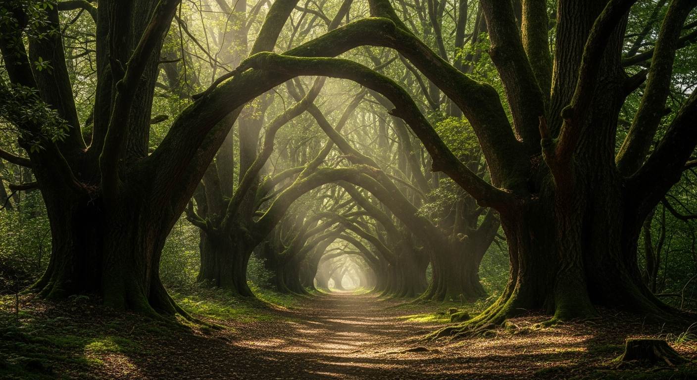 Serene pathway through ancient forest with filtered light
