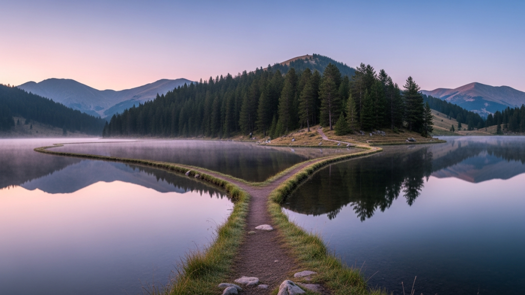 Still mountain lake at dawn with paths diverging across a small island, calm pink and blue sky reflected in the water