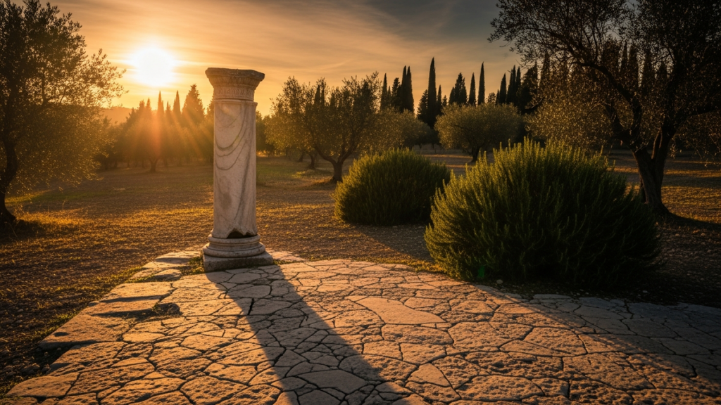 Solitary classical Roman column at golden hour in Mediterranean field — Stoic philosophy