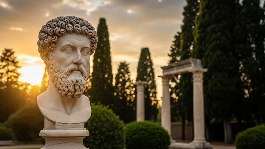 Marble bust of Roman emperor Marcus Aurelius in golden Mediterranean sunlight