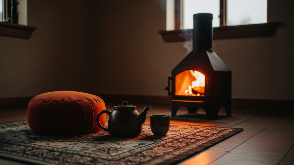 A terracotta meditation cushion on a worn rug beside a small contained hearth fire in a calm dim room with a clay teapot and cup nearby
