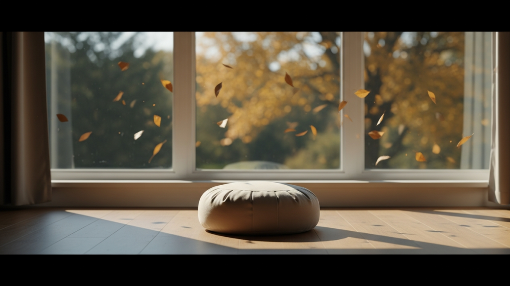 A simple meditation cushion still and centered on a wooden floor by a large window with autumn leaves blowing in the breeze outside