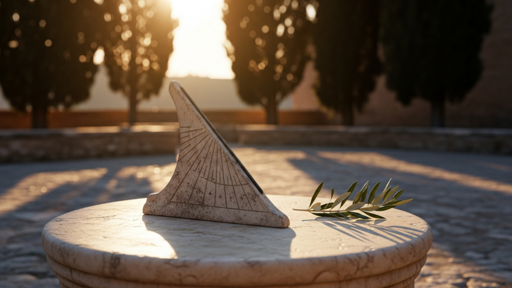 Ancient Roman stone sundial casting a long shadow at golden hour with olive branch and cypress trees