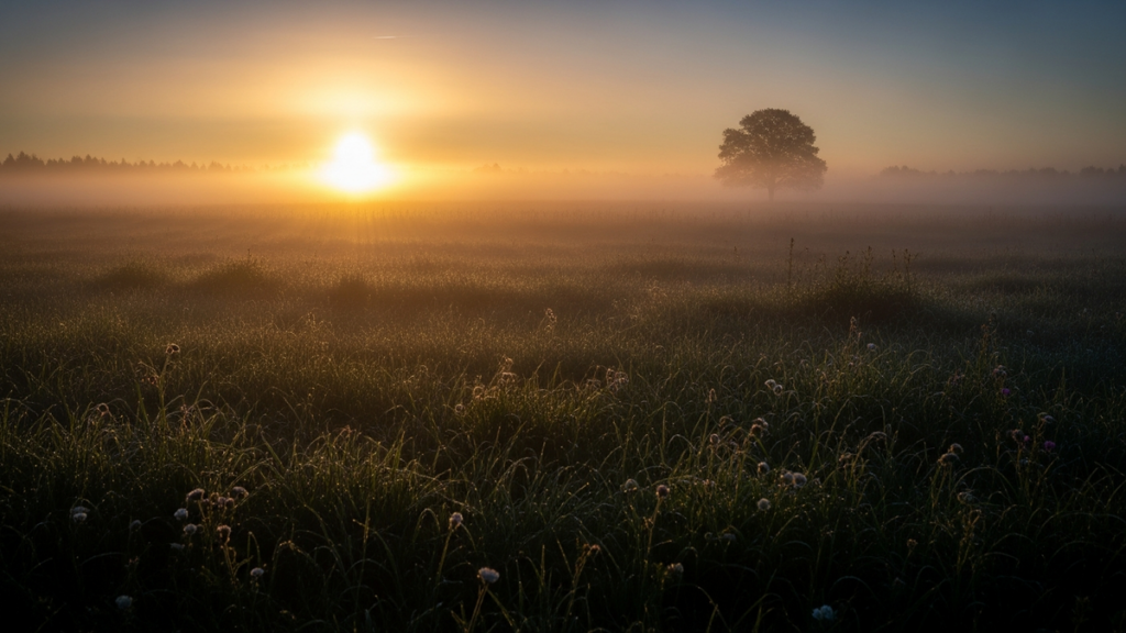 Misty meadow at dawn with golden shafts of light breaking through low fog and a solitary tree silhouetted on the horizon