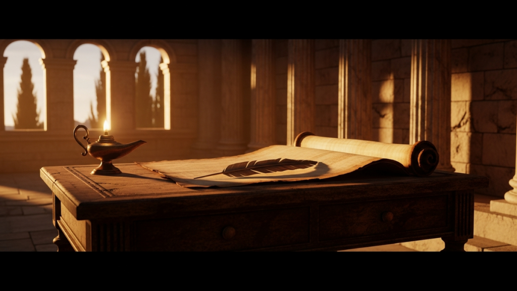 Ancient Roman writing desk at golden hour with open papyrus scroll, oil lamp, and classical columns visible behind