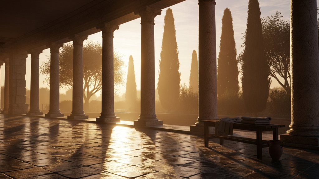 Soft golden sunrise streaming between weathered marble columns of an ancient Roman peristyle garden with cypress trees on the horizon