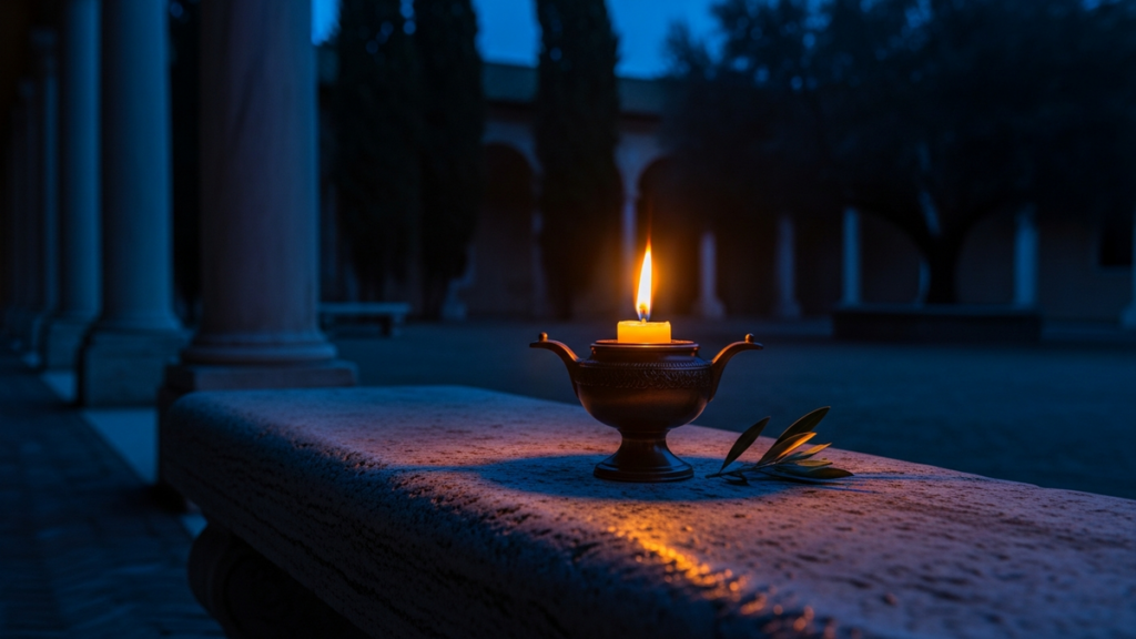 A single bronze oil lamp glowing softly on a stone bench in a quiet Roman courtyard at twilight, with cypress trees in the background