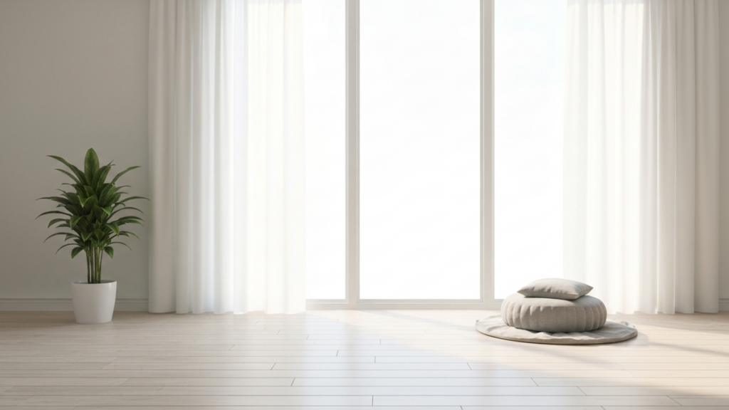 Sunlit minimalist room with a meditation cushion beside a bright window