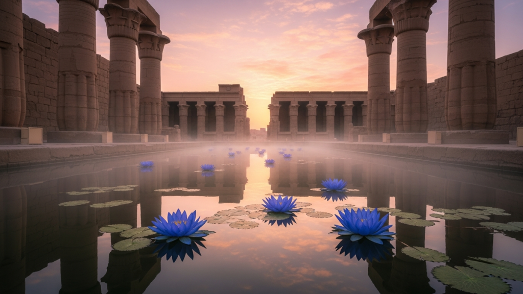Serene Egyptian temple courtyard at dawn with a reflecting pool and lotus flowers
