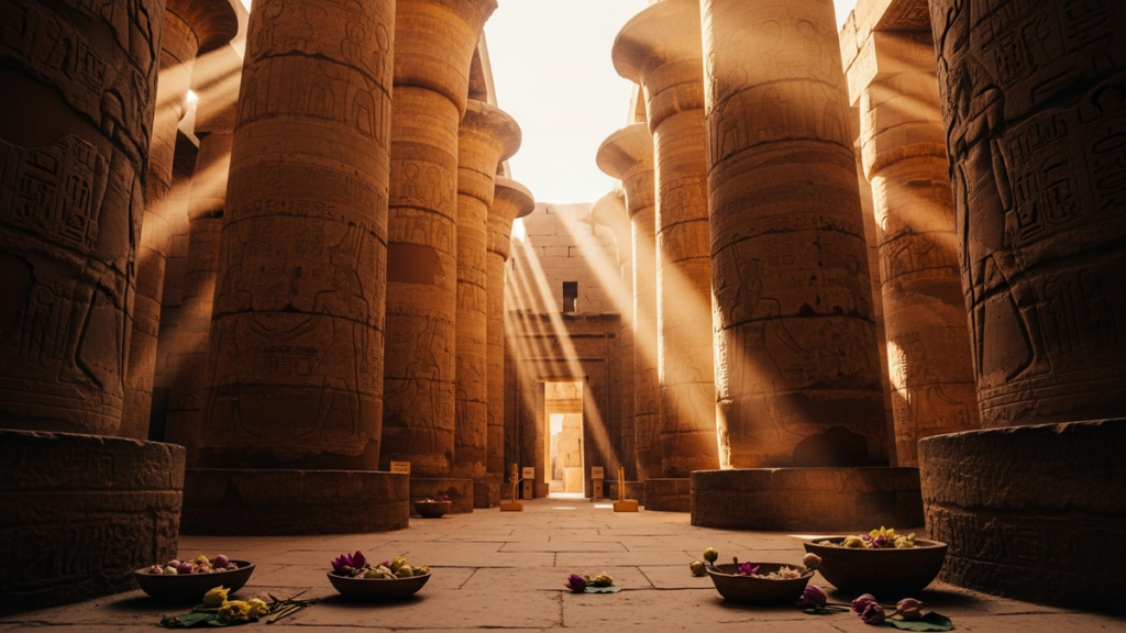 Ancient Egyptian temple hall with sandstone columns in golden light