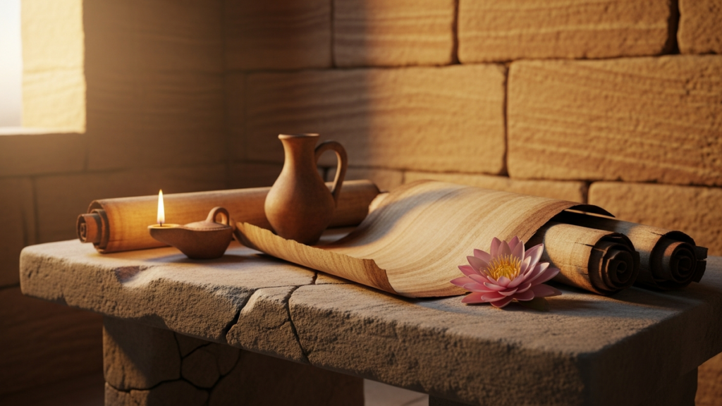 Ancient Egyptian papyrus scrolls and oil lamp on a stone table in warm light