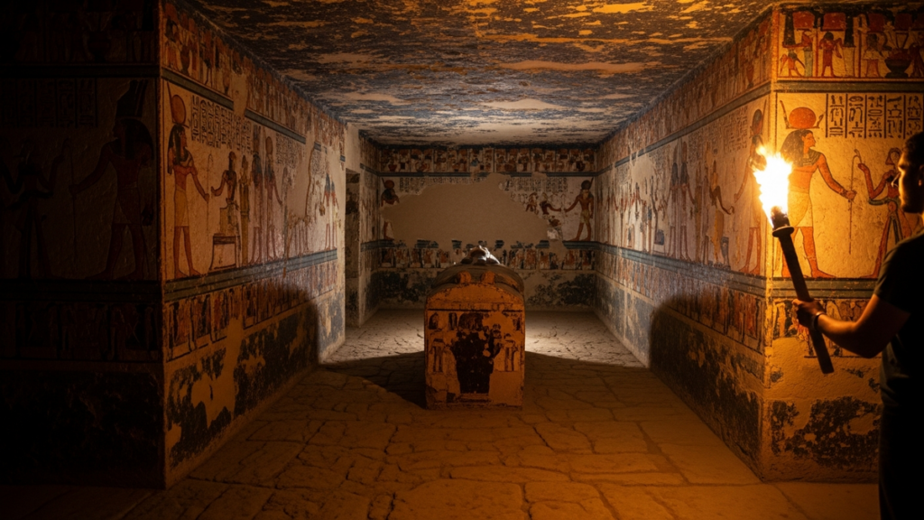 Dim ancient Egyptian tomb chamber lit by torchlight with painted reliefs