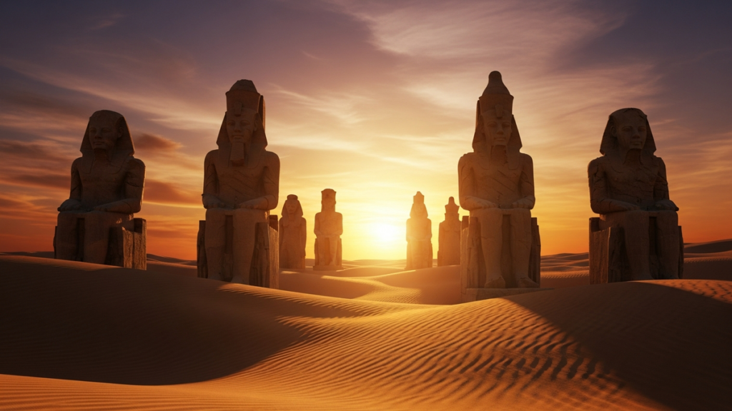 Ancient Egyptian temple statues silhouetted against a dramatic desert sunset