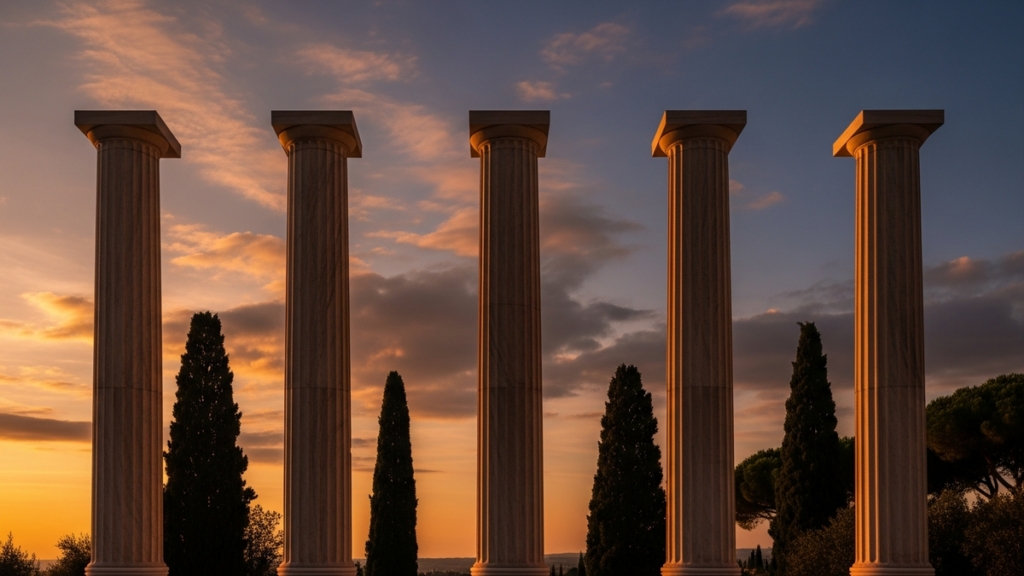 Four classical marble columns in a row at golden hour against a dramatic sky