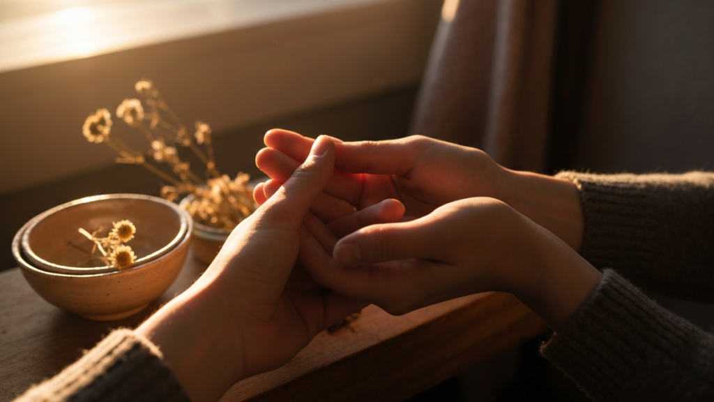 Two hands cupped together in warm golden light beside dried flowers and a small bowl