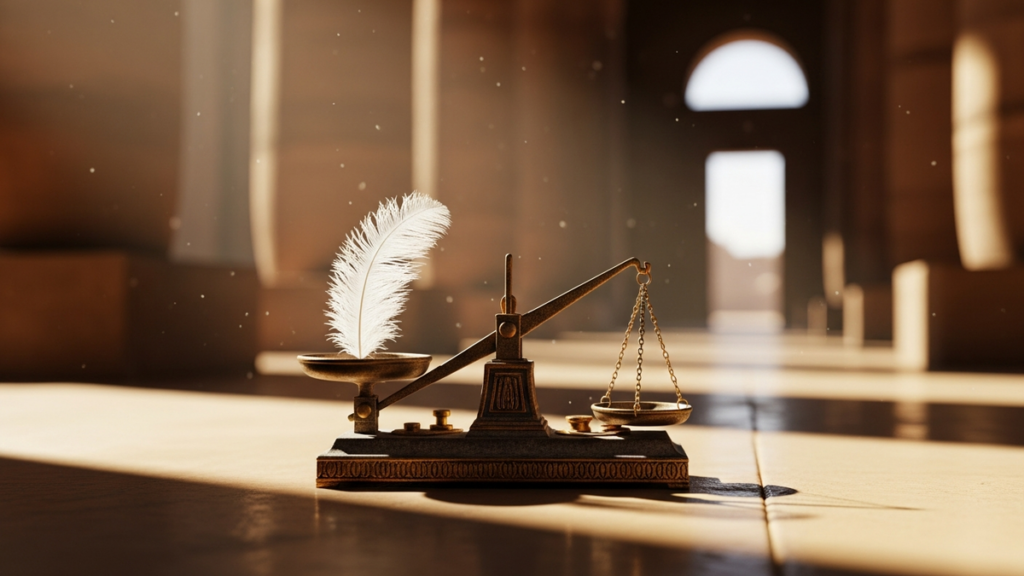 White feather of Ma'at resting on a stone balance scale in temple light