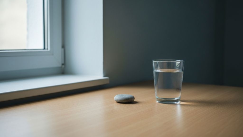 Calm minimalist desk by a window with a glass of water and a smooth stone