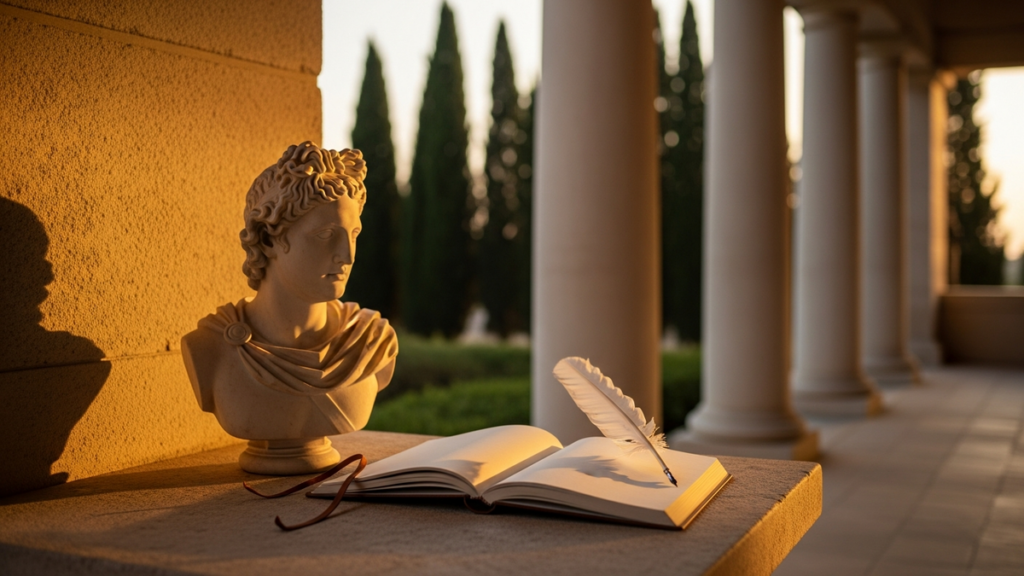 Open leather journal and quill beside a marble bust in golden colonnade light