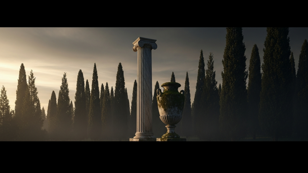 Solitary marble column and stone urn among cypress trees at dusk
