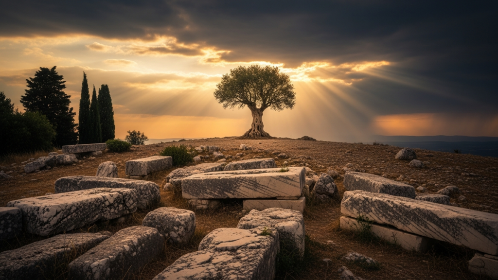 Lone ancient olive tree on a hilltop as a storm clears, golden sunlight breaking through — a symbol of amor fati