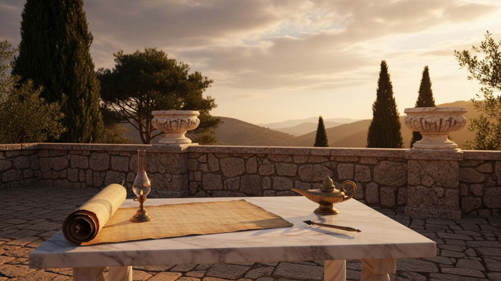 Marble writing desk at dawn with a papyrus scroll, stylus and oil lamp overlooking cypress hills