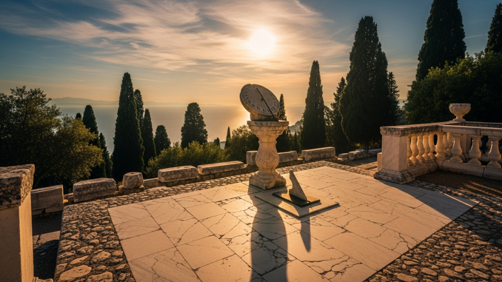Ancient stone sundial casting a long shadow on a marble terrace at golden hour