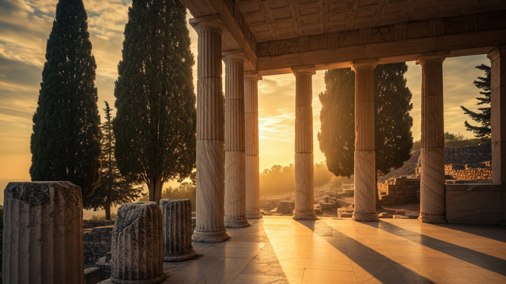 Ancient Greek marble Stoa colonnade at golden hour with cypress trees, the birthplace of Stoic philosophy