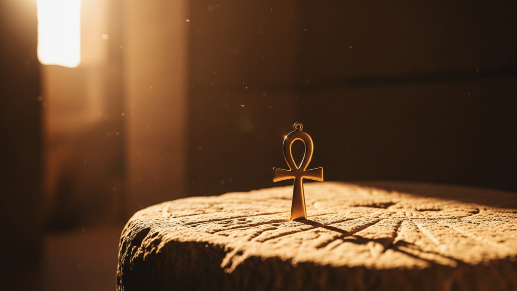 Golden ancient Egyptian ankh amulet resting on weathered sandstone in warm temple light