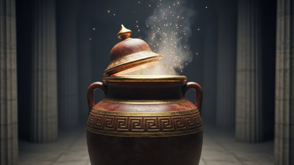An ornate ancient Greek jar with its lid ajar, luminous mist escaping in a dark chamber
