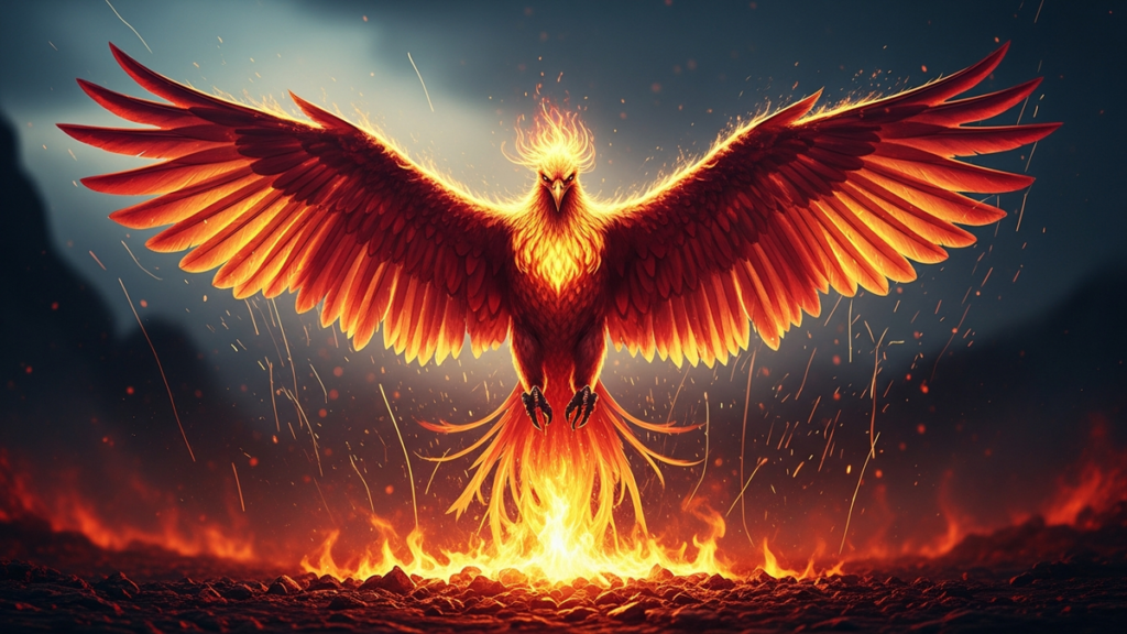 A mythical phoenix firebird with golden and crimson plumage rising amid flames and embers
