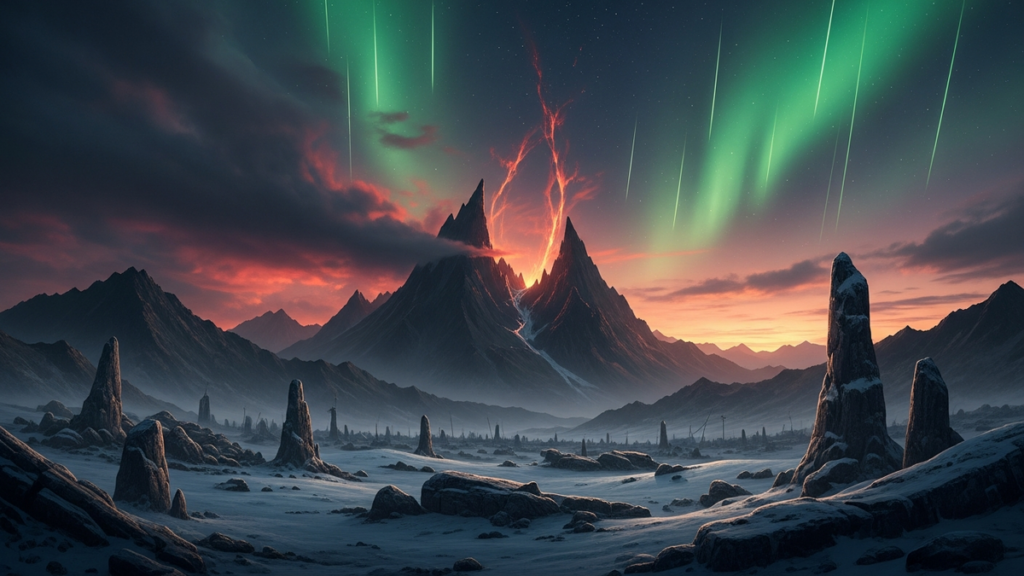 A Norse apocalyptic landscape at dusk with dark mountains, fire and green aurora over a frozen battlefield