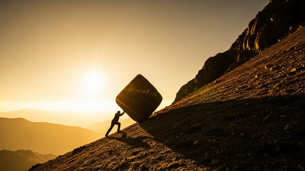 A lone figure pushing a massive boulder up a barren mountain slope at golden dusk