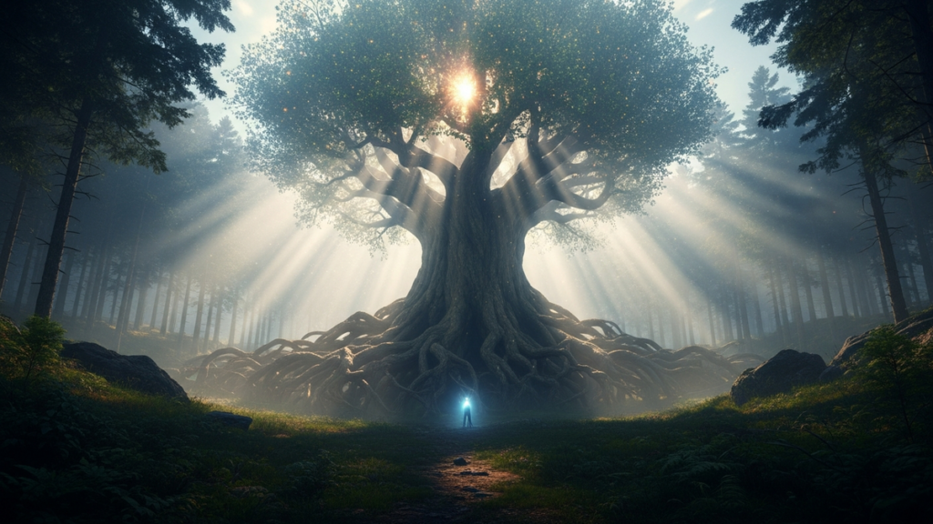 A colossal glowing Norse world-tree with vast roots in a misty ethereal forest
