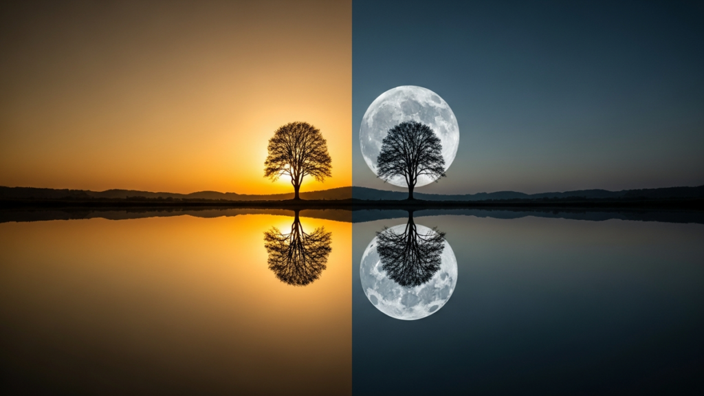 A landscape split between warm sunlit and cool moonlit halves meeting at a mirror-still line