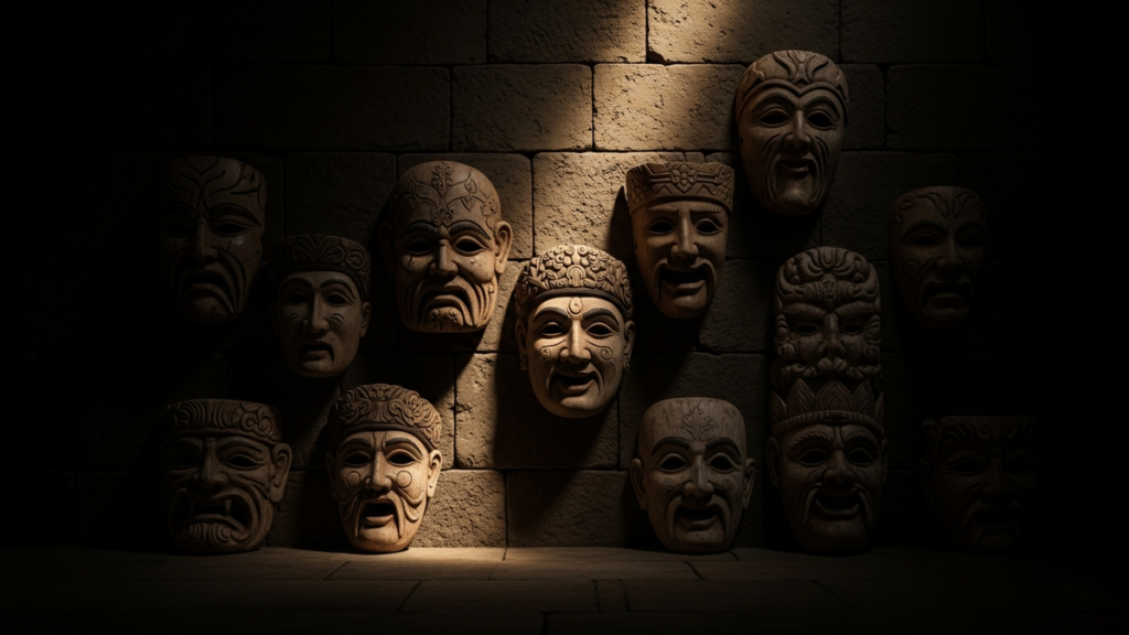 Ancient carved ritual masks arranged on a dark stone wall lit by a single shaft of warm light